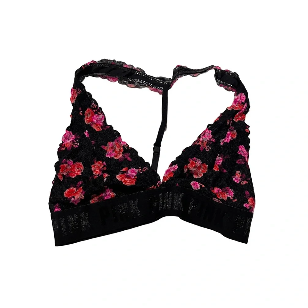 PINK Victoria Secret Black Pink Rose Floral Halter Neck Bralette Bra Small